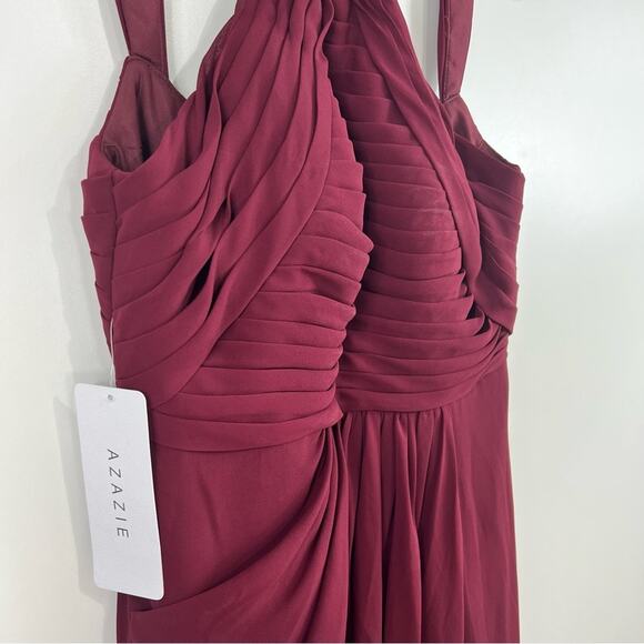 AZAZIE New Mellie Cabernet Pleated Sleeveless Halter Maxi Evening Formal Dress - Picture 4 of 12
